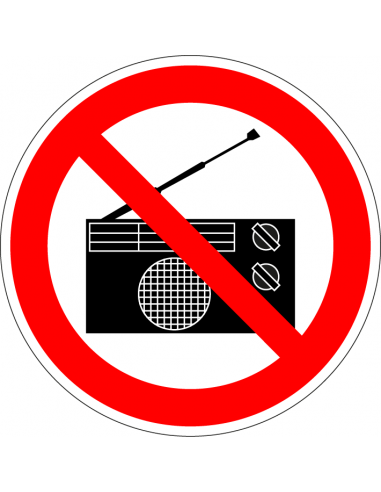 Radio's verboden bord, kunststof, rood wit, rond, radio pictogram