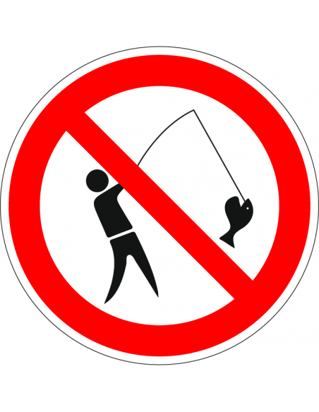 Verboden te vissen sticker, rood wit, rond, vissende persoon