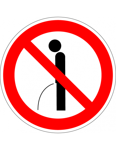 Verboden te urineren sticker, rood wit, rond, persoon urineren symbool