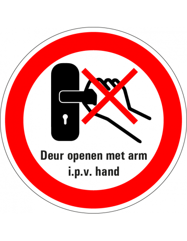 Deur openen met arm i.p.v. hand bord, kunststof, rood wit zwart, verbodsbord