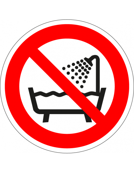 Verboden apparaat te gebruiken in een bad sticker, ISO 7010, P026, rood wit, symbool bad en douche, rond
