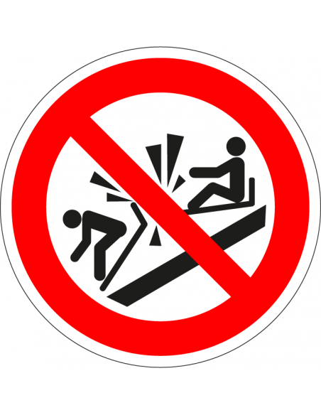 Verboden tegen de slee te botsen bord, kunststof, P047, rood wit, symbool slee en botsing, rond, ISO 7010