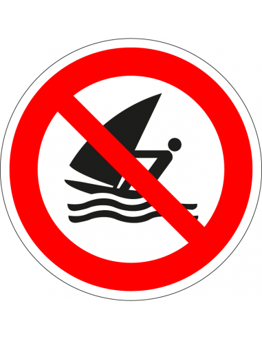 Verboden te windsurfen sticker, ISO 7010, P054, rood wit, windsurfen verboden pictogram, symbool windsurfers, rond