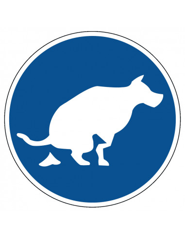 Hondenwei verplicht te gebruiken sticker, rond, blauw wit, hond poepend pictogram