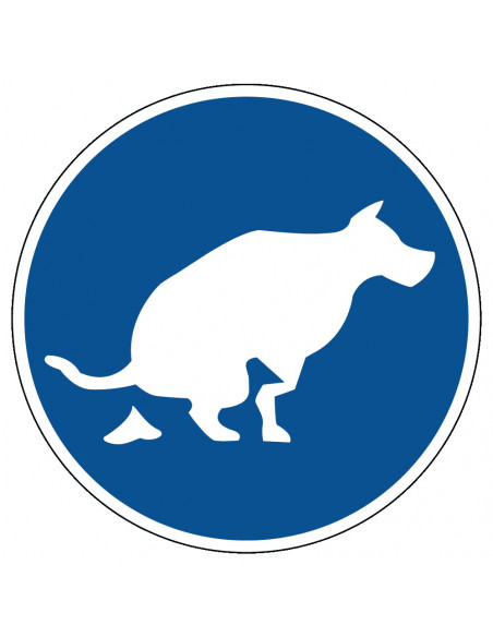 Hondenwei verplicht te gebruiken sticker, rond, blauw wit, hond poepend pictogram