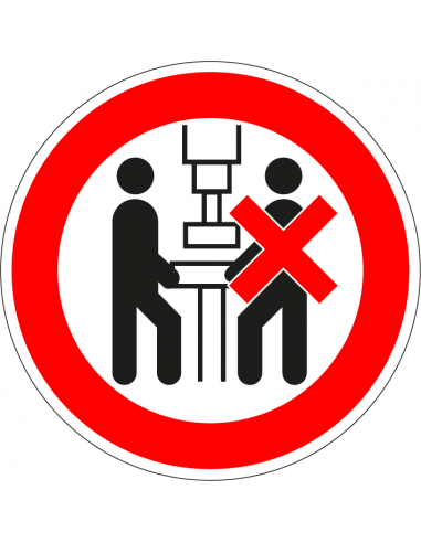 Machine door 1 persoon bedienen bord, kunststof, rood wit, pictogram machine door 1 persoon bedienen, rond