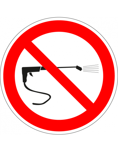 Hogedrukreiniging verboden bord, kunststof, rood wit, pictogram hogedrukreiniger, rond
