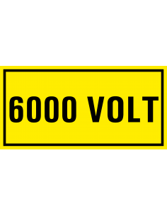 6000 volt sticker, geel zwart, rechthoekig