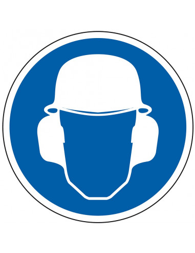 Helm en oorkap verplicht bord, kunststof, blauw wit, pictogram helm en oorkap, rond