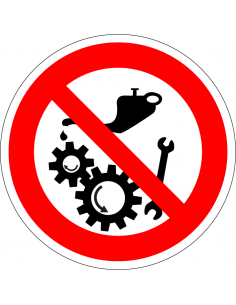 Smeren of reinigen verboden als machine aanstaat sticker, vetspuit, draaiende rollen en sleutel, rood wit, rond
