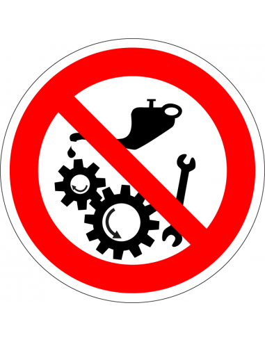 Smeren of reinigen verboden als machine aanstaat sticker, vetspuit, draaiende rollen en sleutel, rood wit, rond