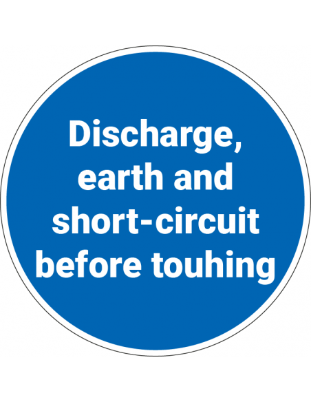 Discharge, earth and short-circuit sticker bord, kunststof, rond, blauw wit, regels pictogram
