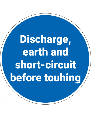 Discharge, earth and short-circuit sticker, blauw wit, rond, pictogram discharge earth and short-circuit