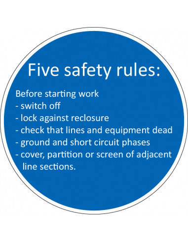 Five safety rules bord, kunststof, rond, blauw wit, five safety rules sticker pictogram