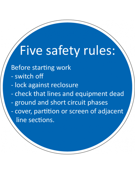 Five safety rules bord, kunststof, rond, blauw wit, five safety rules sticker pictogram