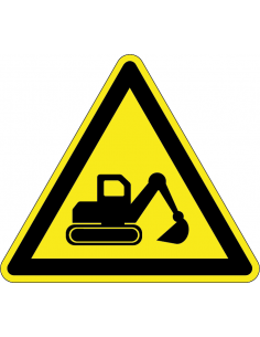 Waarschuwingssticker graafmachine, afbeelding graafmachine, geel zwart, driehoek