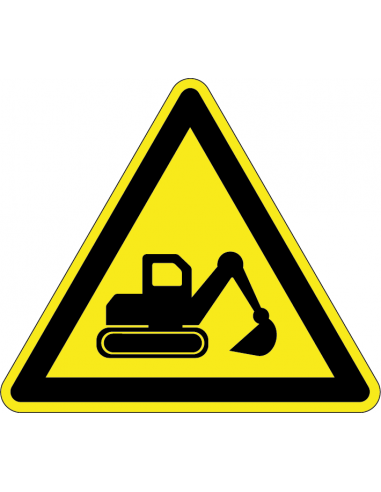 Waarschuwingssticker graafmachine, afbeelding graafmachine, geel zwart, driehoek