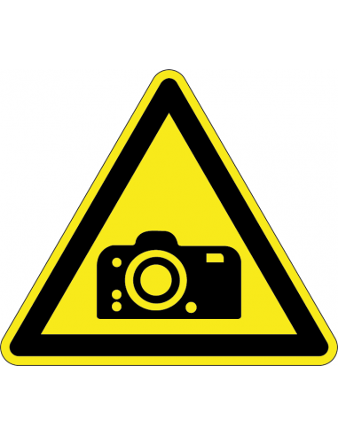 Waarschuwingssticker camera, pictogram camera, geel zwart, driehoek