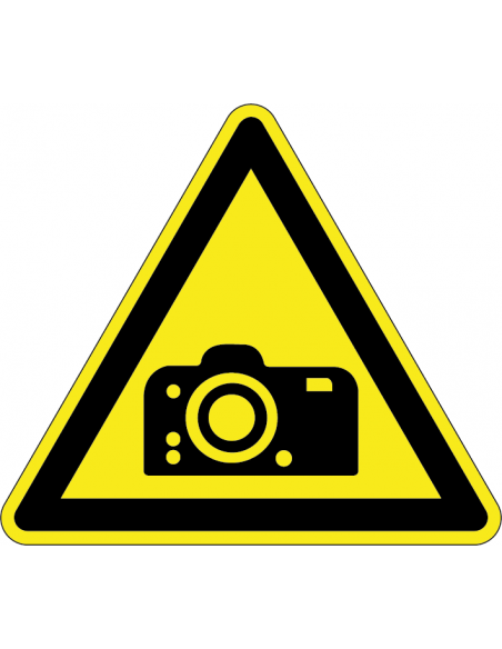 Waarschuwingssticker camera, pictogram camera, geel zwart, driehoek