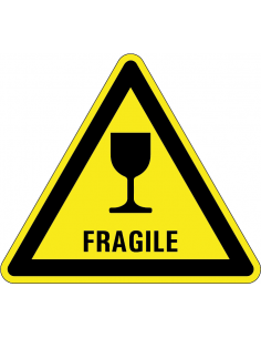 Waarschuwingssticker fragile, pictogram fragile glas, geel zwart, driehoek