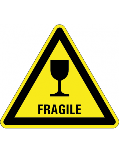 Waarschuwingssticker fragile, pictogram fragile glas, geel zwart, driehoek