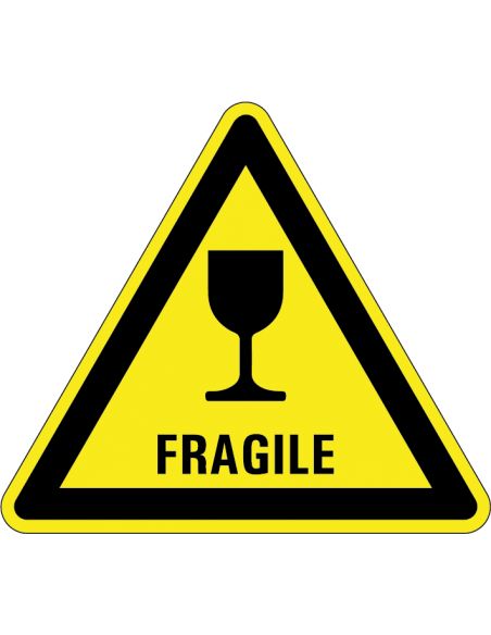 Waarschuwingssticker fragile, pictogram fragile glas, geel zwart, driehoek