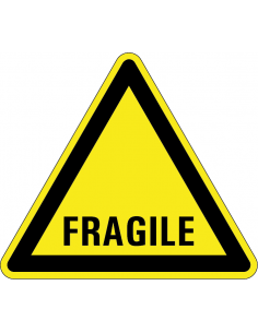 Waarschuwingssticker tekst fragile, tekst fragile, geel zwart, driehoek