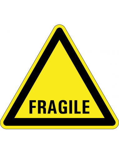 Waarschuwingssticker tekst fragile, tekst fragile, geel zwart, driehoek