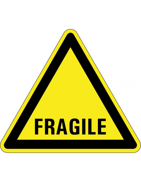 Waarschuwingssticker tekst fragile, tekst fragile, geel zwart, driehoek