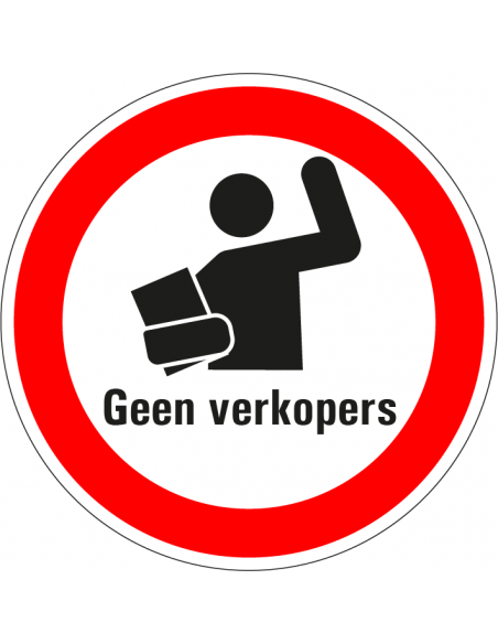 Geen verkopers bord, kunststof, rood wit, pictogram en tekst geen verkopers, rond