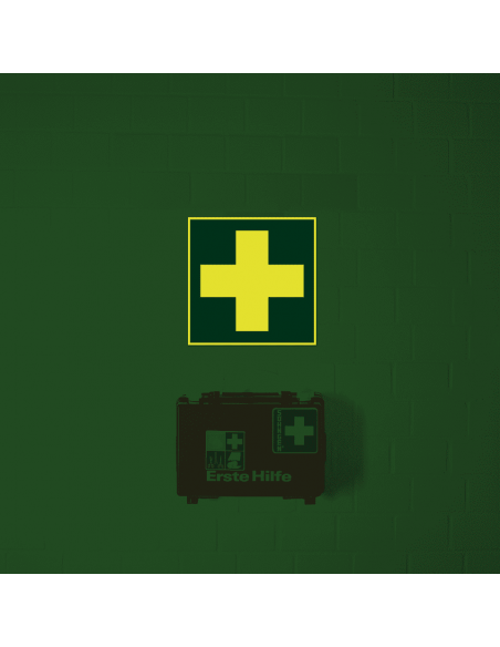 Extra lichtgevend EHBO bord, aluminium, 200 x 200 mm, E003, groen wit, symbool EHBO, wit kruis, vierkant, ISO 7010
