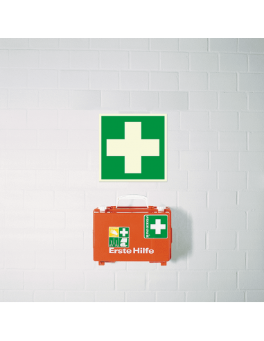 Extra lichtgevend EHBO bord, aluminium, 200 x 200 mm, E003, groen wit, symbool EHBO, wit kruis, vierkant, ISO 7010