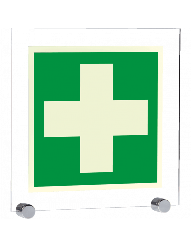 Lichtgevend EHBO bord, acryl, E003, groen wit, symbool EHBO, wit kruis, vierkant, ISO 7010