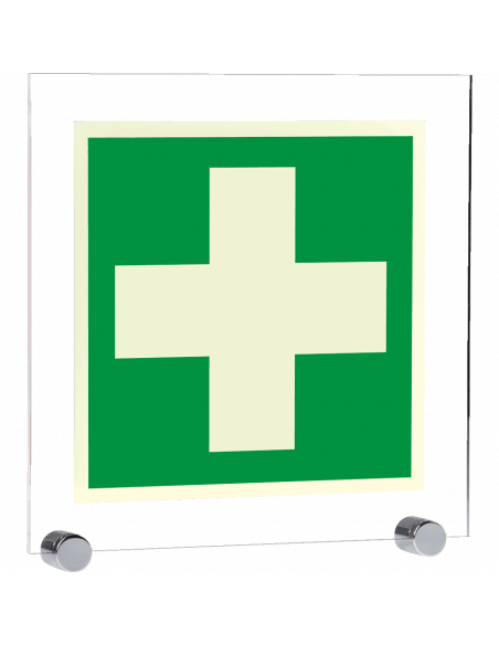 Lichtgevend EHBO bord, acryl, E003, groen wit, symbool EHBO, wit kruis, vierkant, ISO 7010