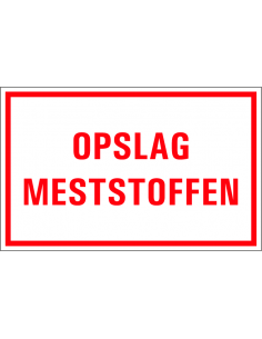 Opslag meststoffen tekststicker, Nederlandse tekst, rechthoek, rood wit