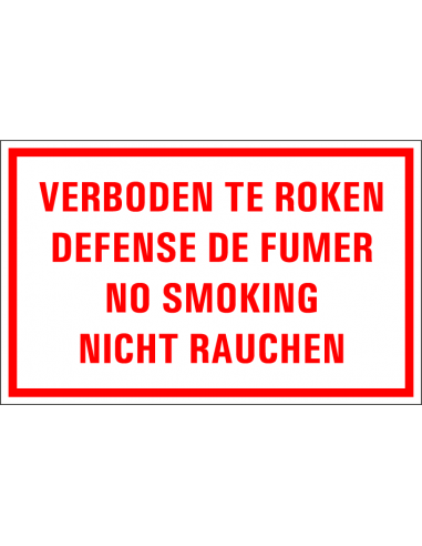 Verboden te roken tekststicker, viertalig, rood wit, rechthoek, Nederlandse tekst, Franse tekst, Engelse tekst, Duitse tekst
