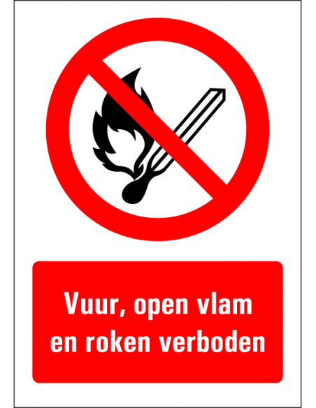 Vuur, open vlam en roken verboden tekstbord, kunststof, rood wit zwart, Nederlandse tekst, rechthoek