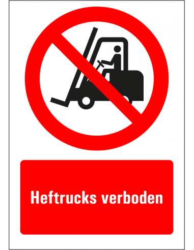 Heftrucks verboden tekststicker, rood wit zwart, rechthoek, Nederlandse tekst