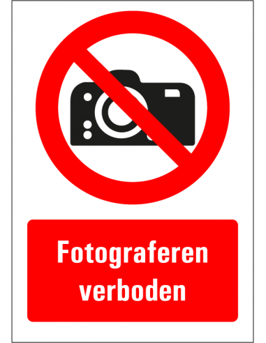 Fotograferen verboden tekststicker, rood zwart wit, Nederlandese tekst, rechthoek