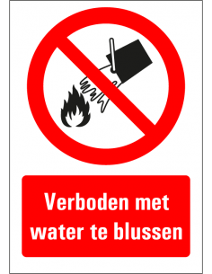 Verboden met water te blussen tekststicker, rood wit, rechthoek, Nederlandse tekst