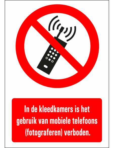 Mobiel fotograferen in kleedkamer verboden tekstbord, kunststof, rood zwart wit, rechthoek, Nederlandse tekst