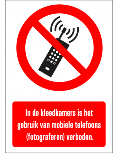 Mobiel fotograferen in kleedkamer verboden tekststicker, rood zwart wit, rechthoek, Nederlandse tekst