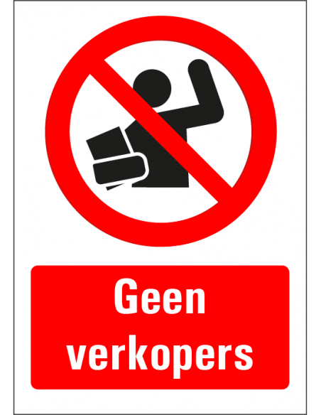 Geen verkopers bord met tekst, rood wit, pictogram en tekst geen verkopers, rechthoek
