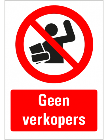 Geen verkopers sticker met tekst, rood wit, pictogram en tekst geen verkopers, rechthoek