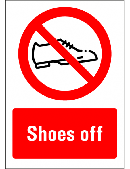 Shoes off bord met tekst, kunststof, rechthoek, schoenen symbool met tekst shoes off, rood wit