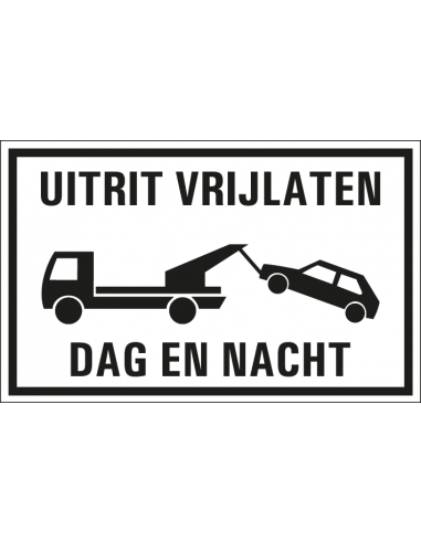 Uitrit vrijlaten wegsleepregeling bord, kunststof, zwart wit, tekst uitrit vrijlaten, pictogram wegsleepregeling, rechthoekig