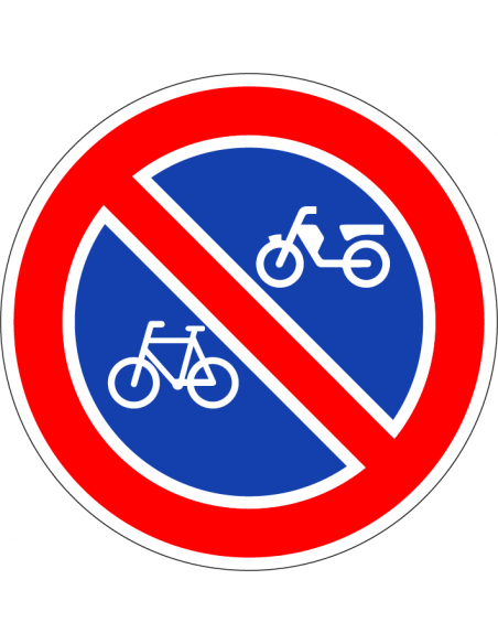 Verboden fietsen en brommers te plaatsen sticker, E3 rood blauw, rond, geen fietsen en brommers pictogram