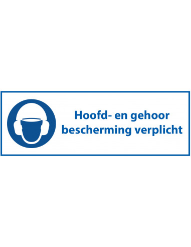 Hoofd- en gehoorbescherming verplicht tekstbord, kunststof, blauw wit, rechthoek, Nederlandse tekst