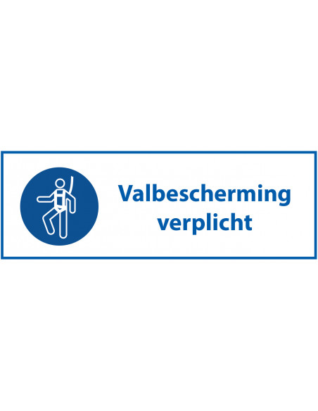 Valbescherming verplicht tekstbrd, kunststof, ISO 7010, blauw wit, rechthoek, Nederlandse tekst