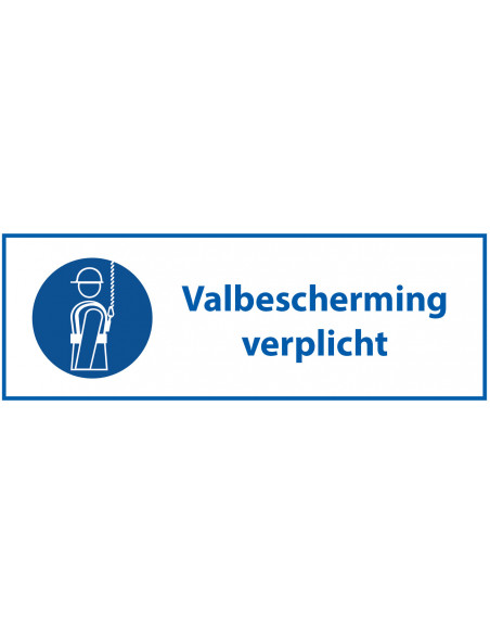 Valbescherming verplicht bord met tekst, kunststof, blauw wit, rechthoek, Nederlandse tekst